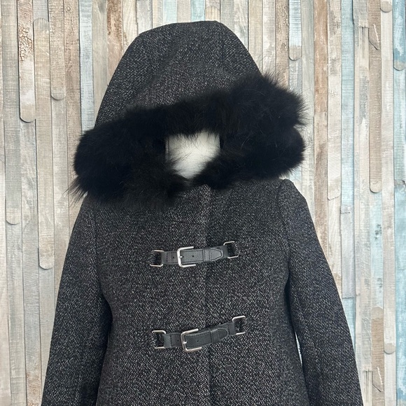 Maje 36 S Duffle Coat Wool Coyote Fur Collar Trim Jacket Black Tweed Buckle $745 - Picture 6 of 13